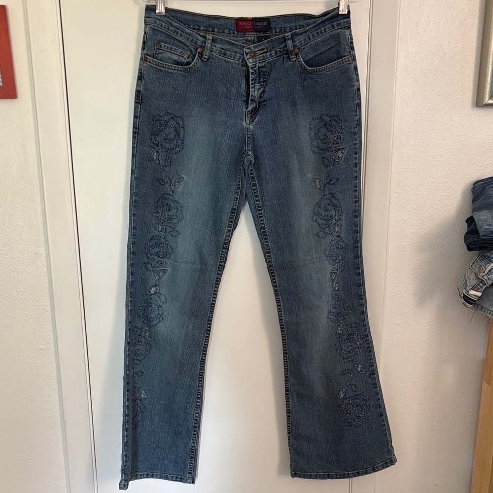Almost Famous Blue Straight Leg Jeans with Distressed Floral Embroidery Detail
